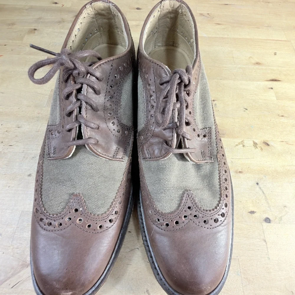 Frye John Addison Men’s Wingtip Oxford Dress Shoes Brown Canvas Leather Size 10